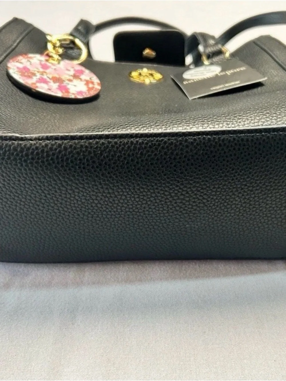 Nanette Lepore Black Vegan Leather Pebbled Satchel Bag with Floral Mirror Charm